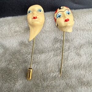 Vintage Hand painted Woman Face Creepy Stick Pin